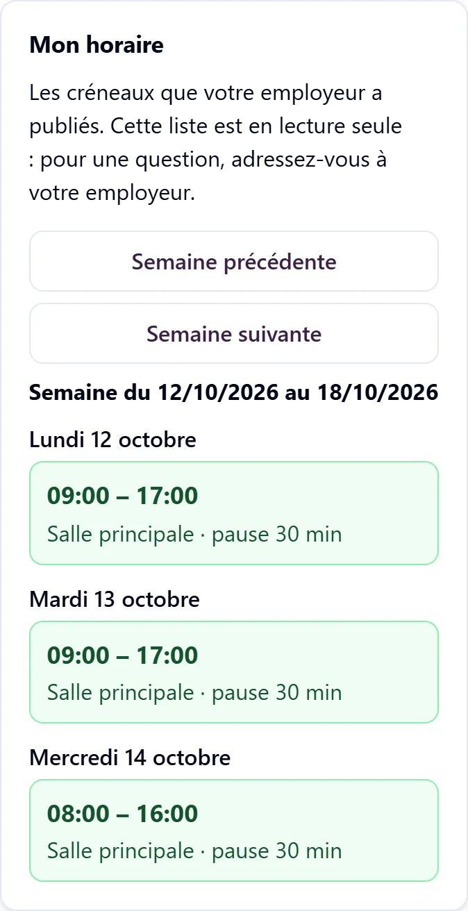Scherm „Mijn uurrooster” op een gsm: de gepubliceerde shifts van de week, per dag
